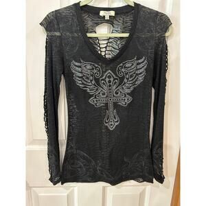 PapaYa black rhinestone cross angel wings Y2K burnout grunge